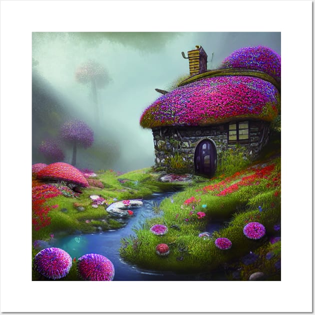 Sparkling Fantasy Cottage with Lights and Glitter Background in Forest, Scenery Nature Wall Art by Promen Art